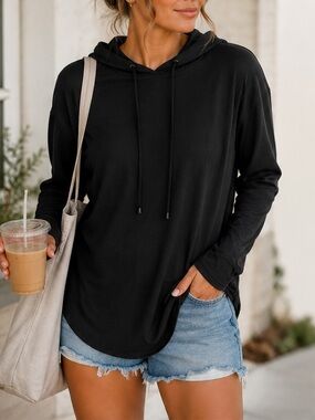 BB Collection Black Hooded Lightweight Long Sleeve Top Buttery Soft